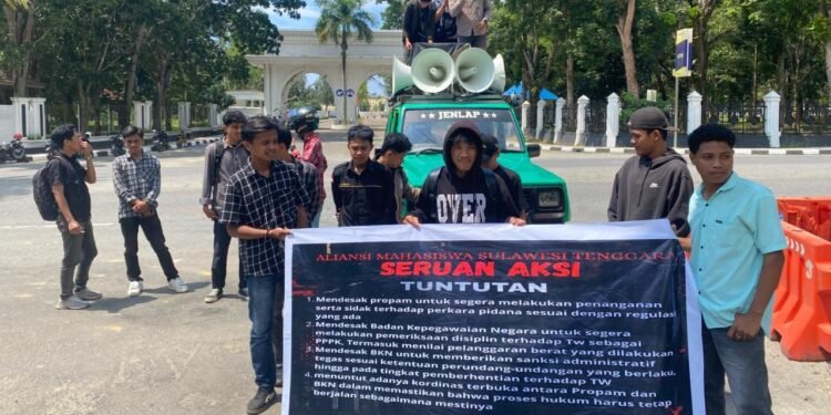 AMS Sultra Demo Polda–BKD, Desak Transparansi Kasus Dugaan Perzinahan Oknum TNI dan Istri Brimob