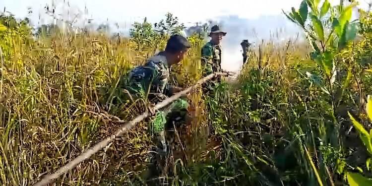 Cegah Api Meluas, TNI-Polri dan Damkar Padamkan Kebakaran Lahan Nanga-Nanga
